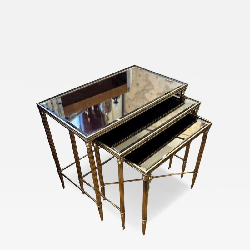 Maison Jansen Maison Jansen Style Italian Brass Nesting Tables Mirrored Glass Directoire 