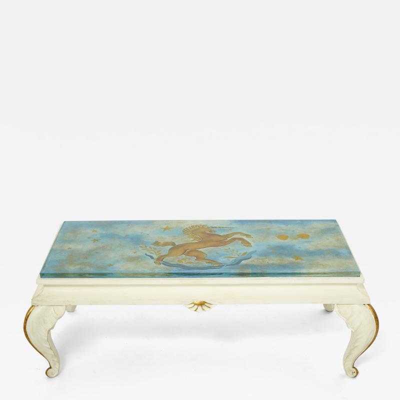 Maison Jansen Maison Jansen gilded wood painted glass top coffee table 1950