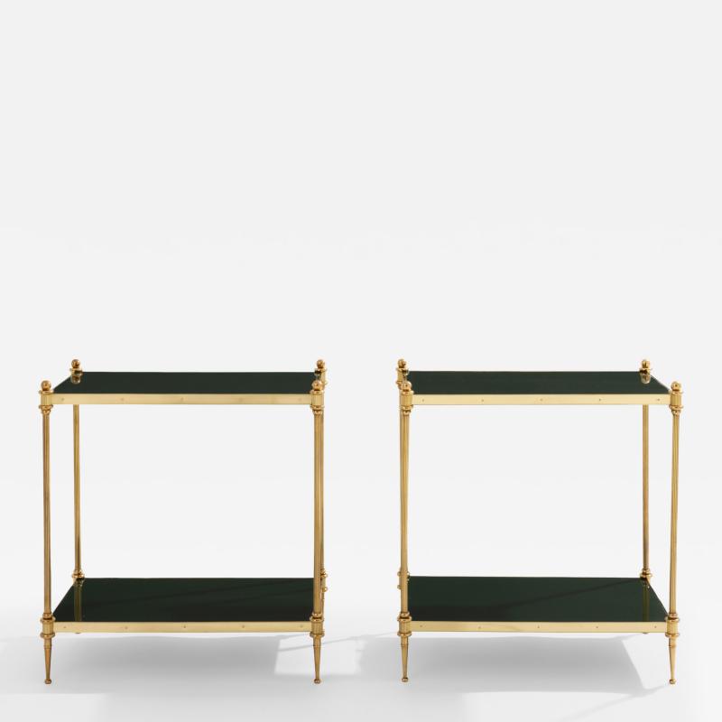 Maison Jansen Maison Jansen pair of two tier side tables brass green lacquer 1970s
