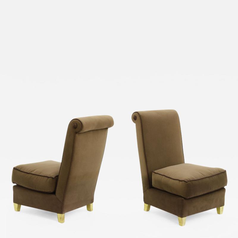 Maison Jansen Maison Jansen refined pair of slipper chairs with gold leaf legs