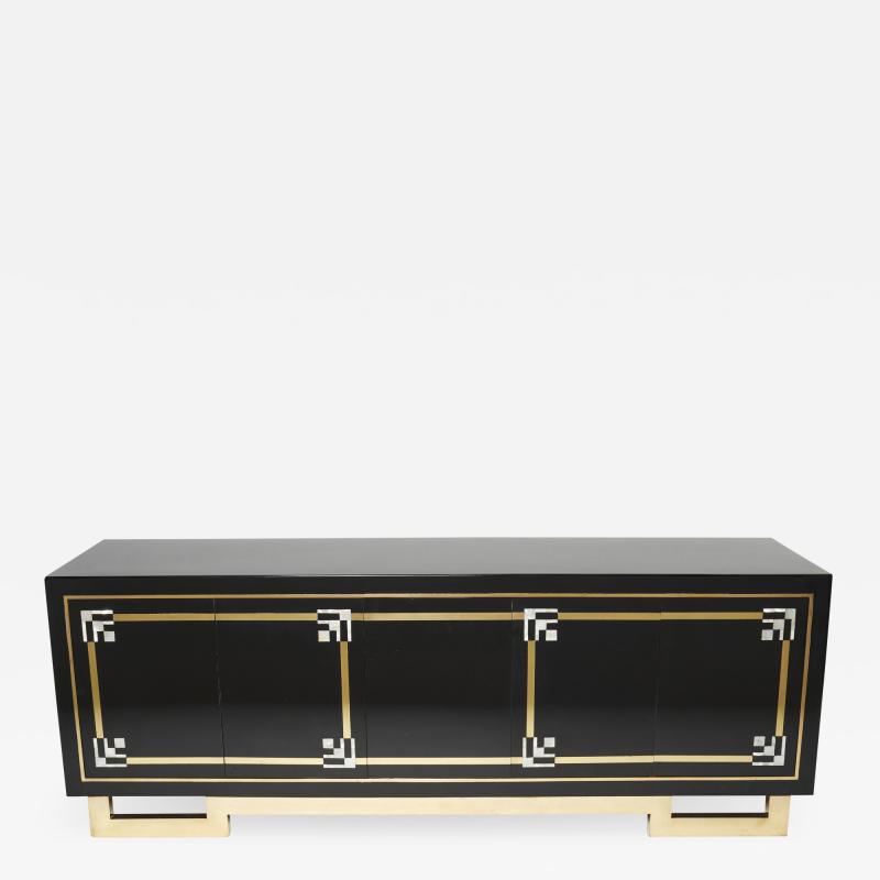 Maison Jansen Maison Jansen sideboard brass black lacquered shell inlays 1970s