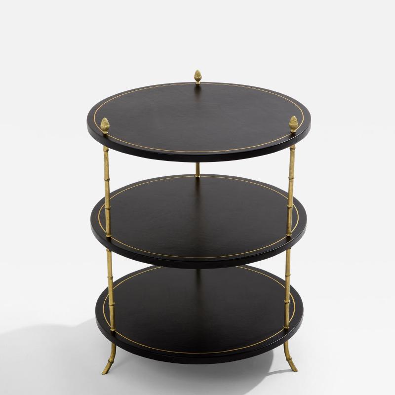 Maison Jansen Maison Jansen three tier gueridon table bronze black leather 1970s