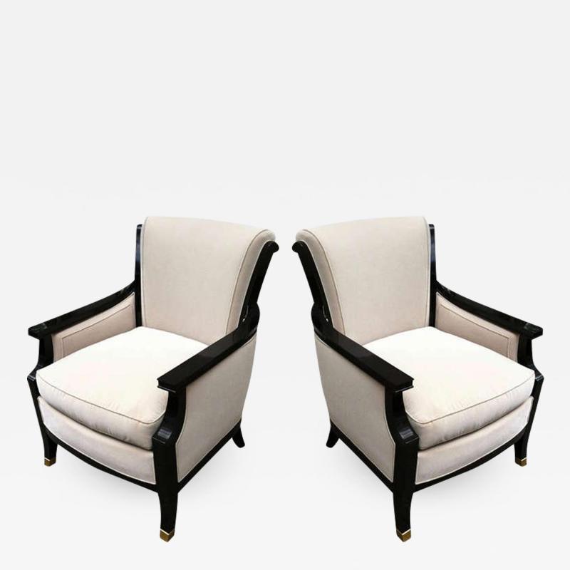 Maison Jansen MaisonJansen Pair of Chicest 1940s Chairs Black Lacquered with Gold Bronze Sabot