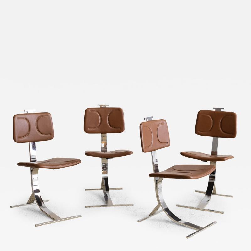 Maison Jansen Mid Century Chrome Brown Leather Chairs Set of 4