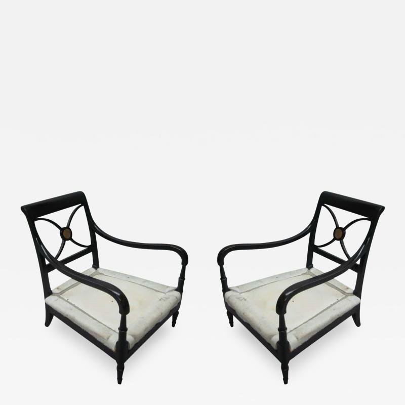 Maison Jansen Pair French Mid Century Modern Neoclassical Wood Lounge Chairs by Maison Jansen