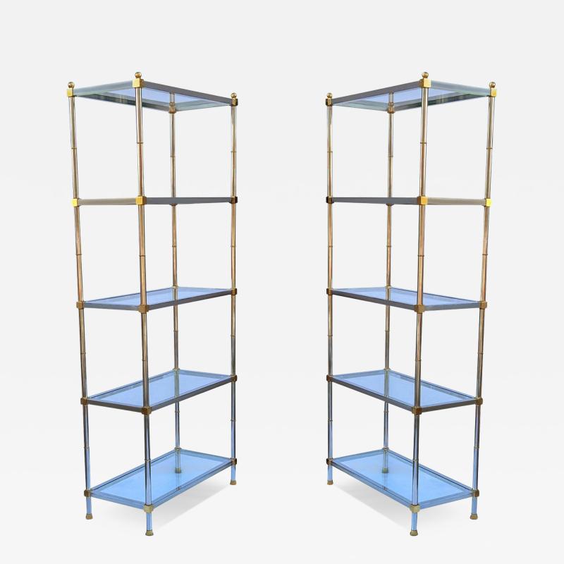 Maison Jansen Pair Hollywood Regency Italian Brass Chrome Shelves or Etageres Maison Jansen