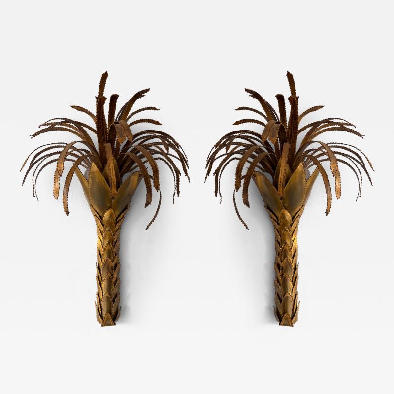 Maison Jansen Pair of Brass Palm Tree Sconces by Maison Jansen France 1970s