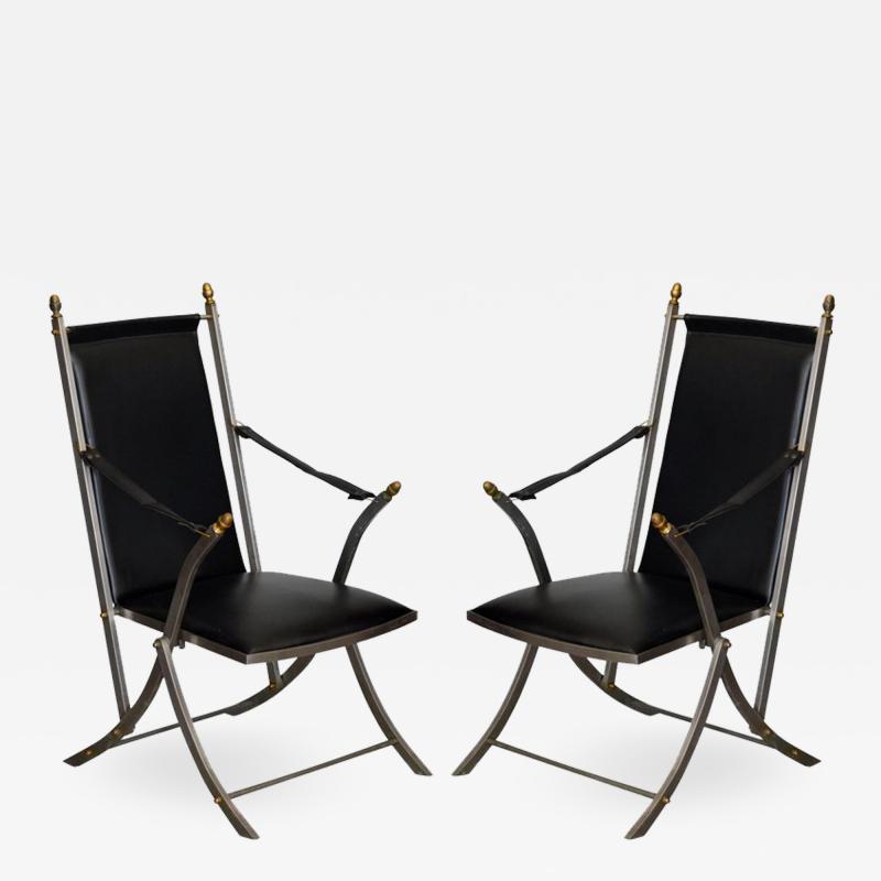 Maison Jansen Pair of Chic Folding Campaign Armchairs in the Style of Maison Jansen