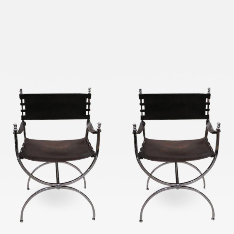 Maison Jansen Pair of Chrome and Leather Directors Chairs Attributed to Maison Jansen