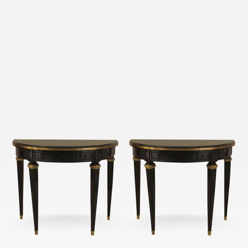 Maison Jansen Pair of French 1940s Ebonized Demilune Shaped Console Tables