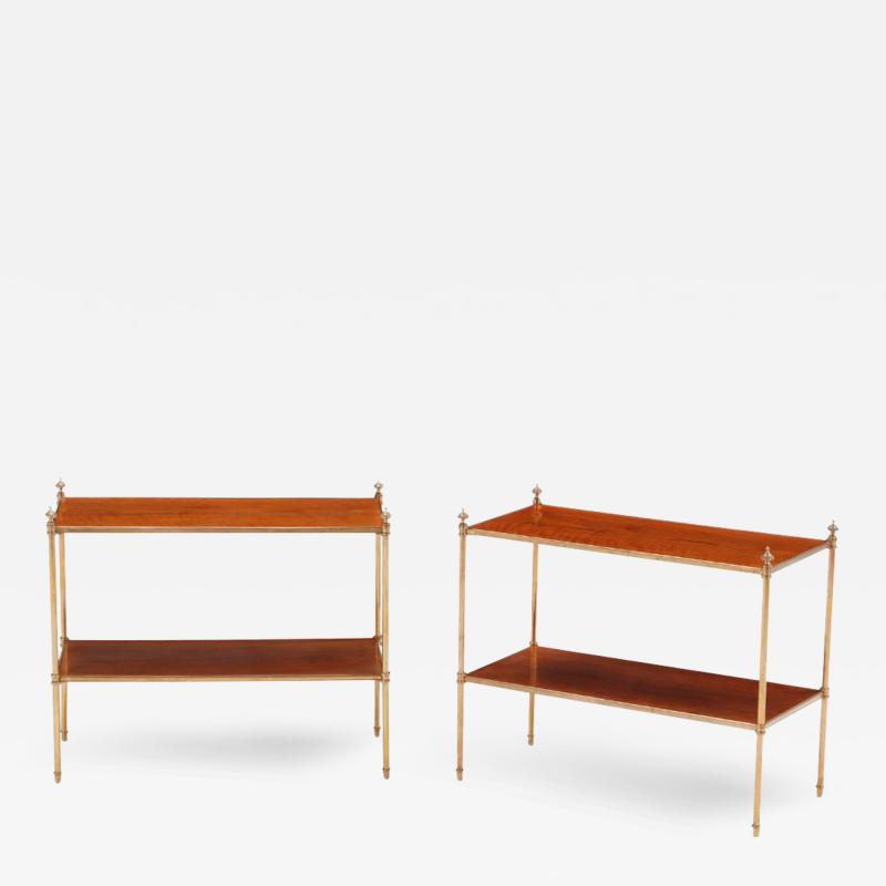 Maison Jansen Pair of French brass and walnut two tier tables circa 1960 