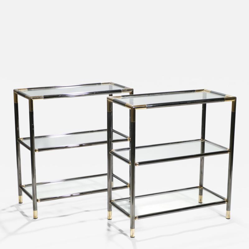 Maison Jansen Pair of French gunmetal and brass three tiered shelves 1970s