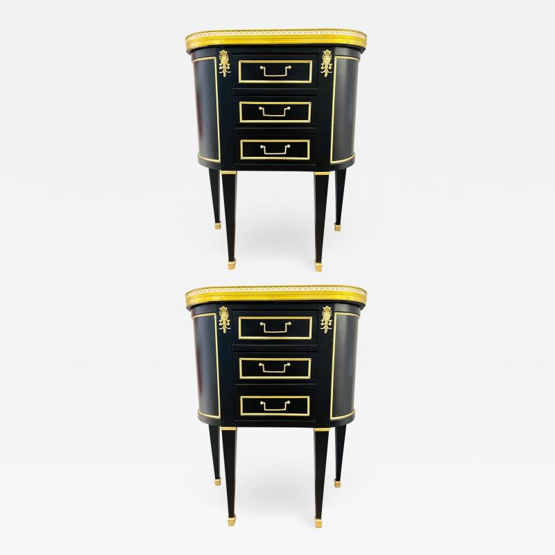 Maison Jansen Pair of Jansen Inspired Marble Top Galleried Ebonized End Tables Nightstands
