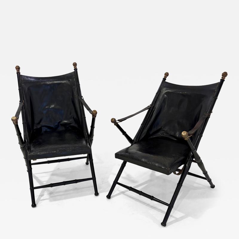 Maison Jansen Pair of Leather and Ebonized Pear Wood Folding Chairs by Maison Jansen