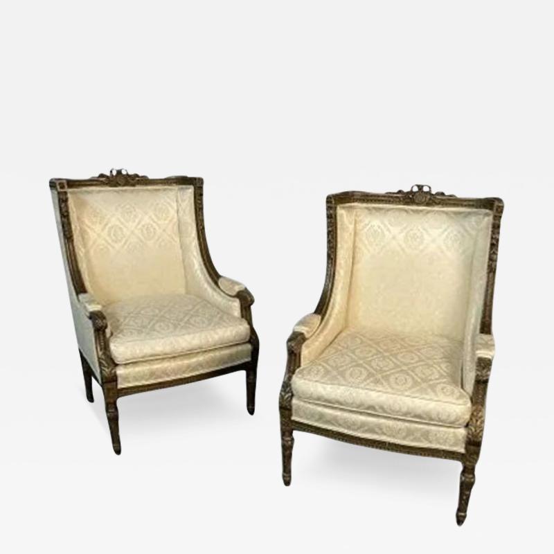 Maison Jansen Pair of Louis XVI Jansen Style Wing Back Arm Chairs Scalamandre Upholstery