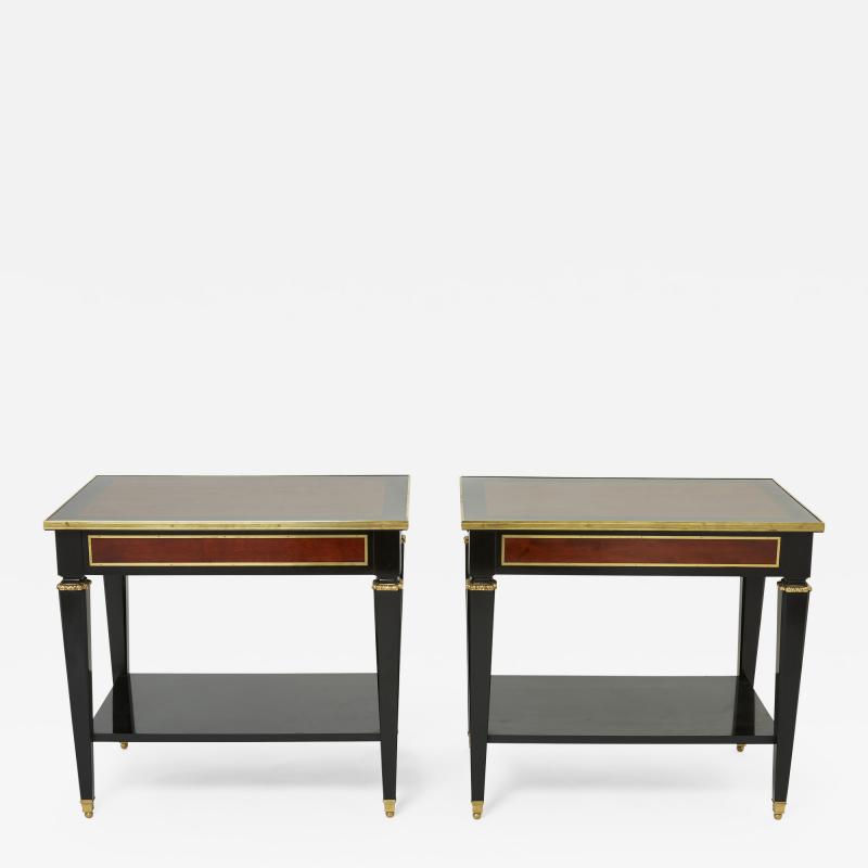 Maison Jansen Pair of Maison Jansen black wood mahogany brass end tables 1950s