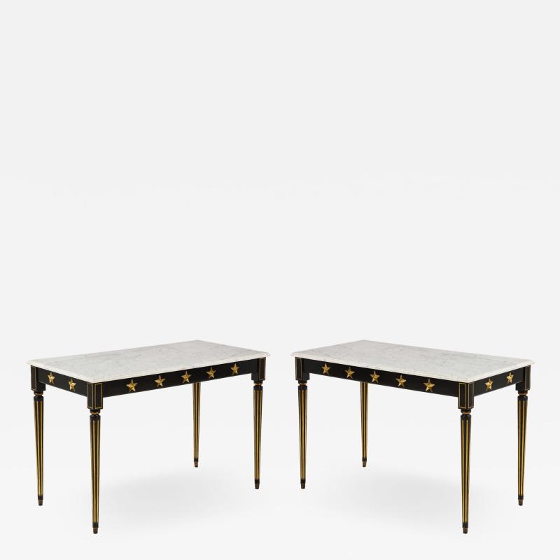 Maison Jansen Pair of Marble Topped Ebonized and Giltwood Consoles by Jansen