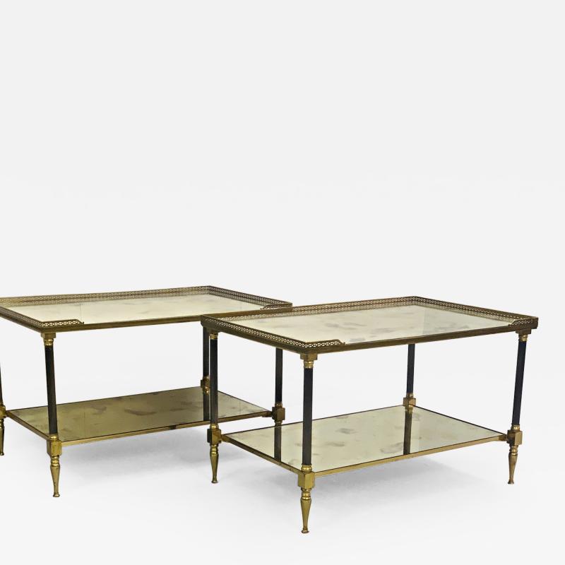 Maison Jansen Pair of Metal Maison Jansen Coffee Tables with Antique Mirrored Glass 