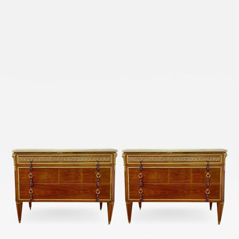 Maison Jansen Pair of Tortoise Louis XVI Style Commodes Chests or Nightstands Greek Key
