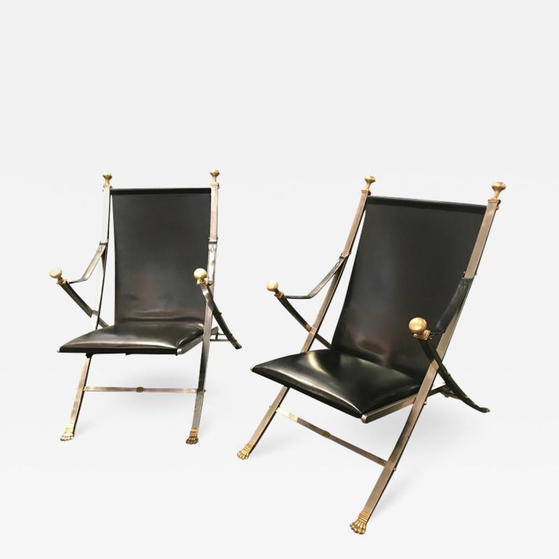 Maison Jansen Pair of polished steel and leather folding chairs in the style of Maison Jansen