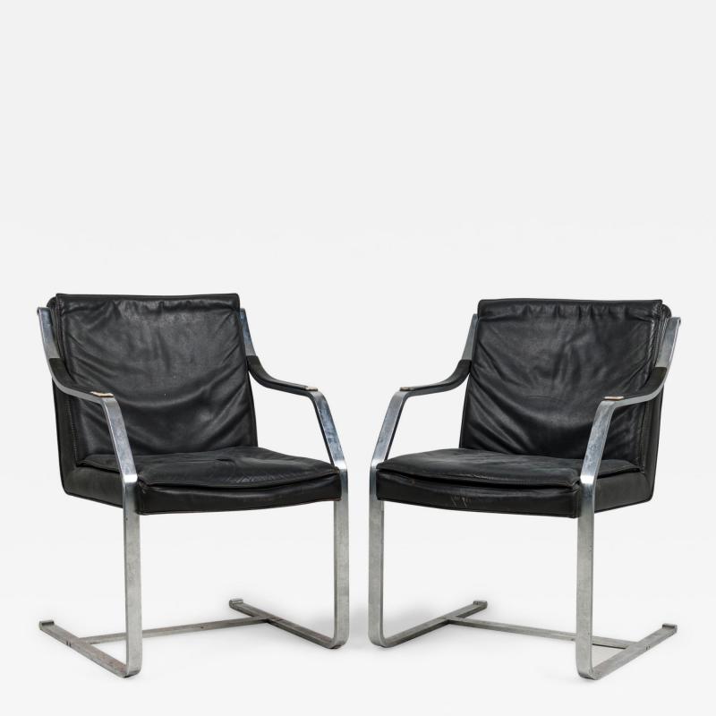 Maison Jansen Set of 2 French Mid Century Steel and Black Leather Armchairs by Maison Jansen