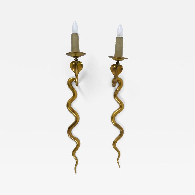 Maison Jansen Set of Two Rare Cast Brass Cobra Sconces or Wall Lamps by Maison Jansen 1950s