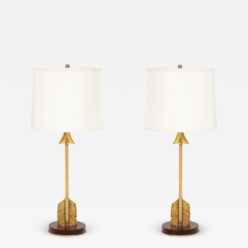 Maison Jansen Style Arrow Bronze and Mahogany Lamps