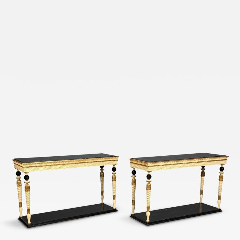 Maison Jansen attr Neoclassical Style Console Tables Carved Wood Black Marble