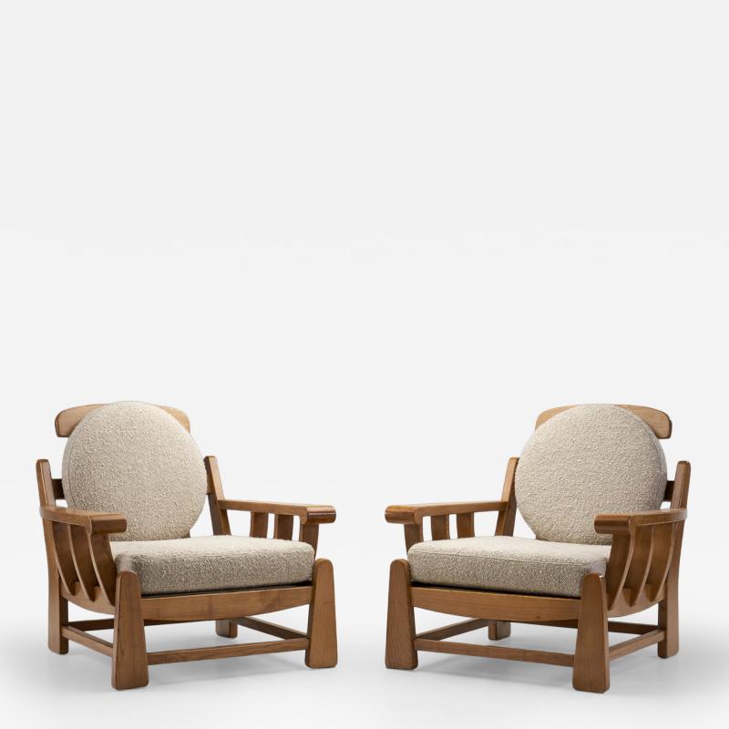 Maison Regain Pair of French Elm Wood Lounge Chairs by Maison Regain France 1970s