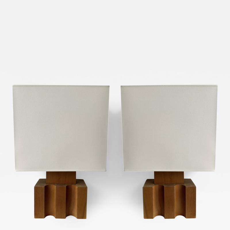 Maison Regain Pair of Massive Elm Wood Lamps by Maison Regain France 1960s