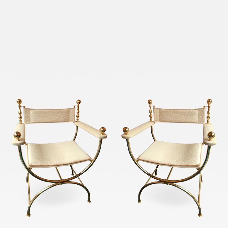 Maison Romeo Pair of Brass Neo Classical Curul Armchairs by Romeo France 1980s