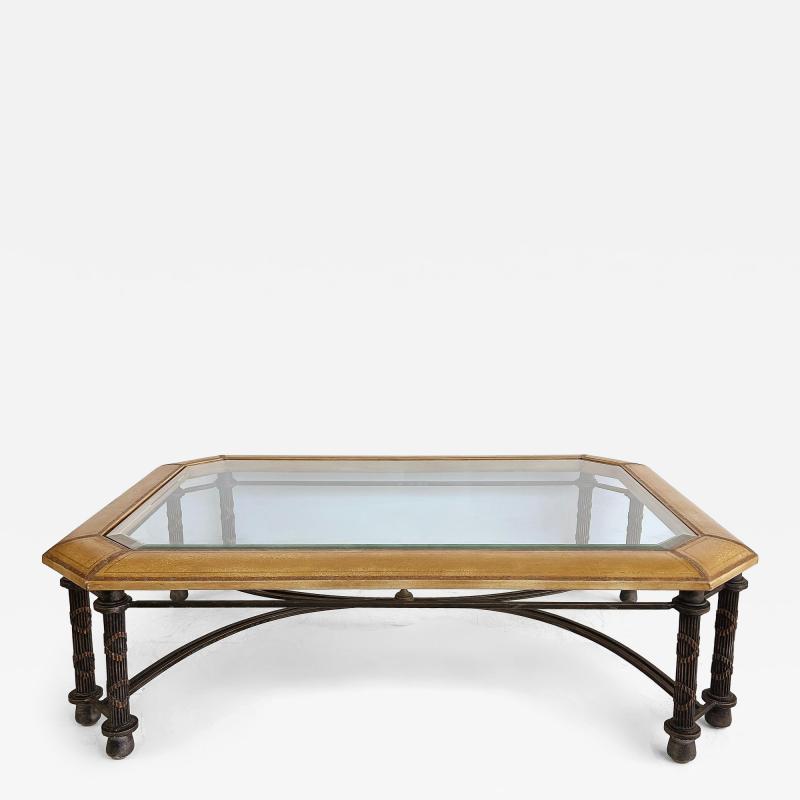Maitland Smith Embossed Leather Wrapped Perimeter Iron Coffee Table Inset Beveled Glass Top