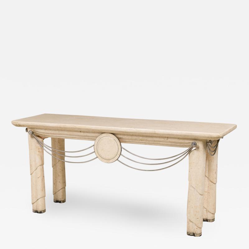 Maitland Smith Maitland Smith American Mid Century Modern Travertine and Nickel Console Table