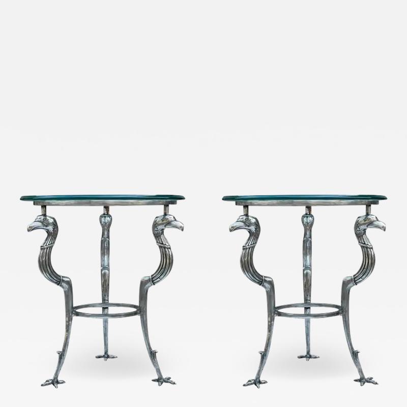 Maitland Smith Matching Pair of Hollywood Regency Glass Steel End Tables by Maitland Smith