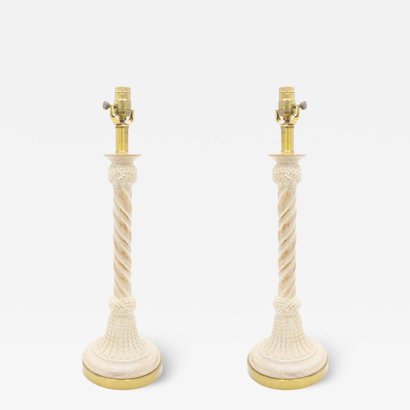 Maitland Smith Pair of Maitland Smith Bleached Wood Spiral Table Lamps