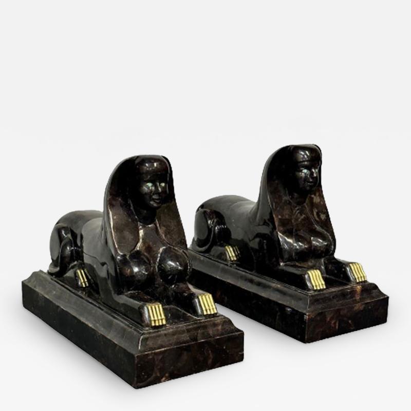 Maitland Smith Pair of Maitland Smith Tessellated Egyptian Seated Sphinxes Entryway