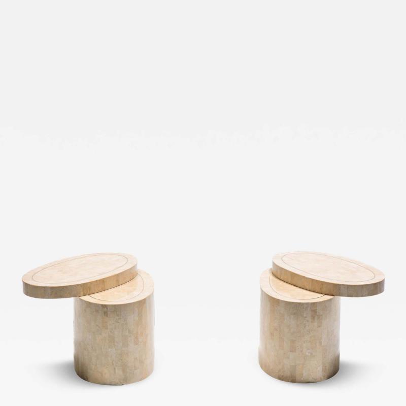 Maitland Smith Rotating Top Maitland Smith Tessellated Travertine Side Tables with Brass Inlay