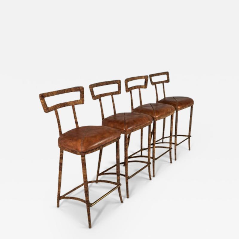 Maitland Smith Set of Four 4 Mid Century Modern Substantial Campaign Bar Height Bar Stools