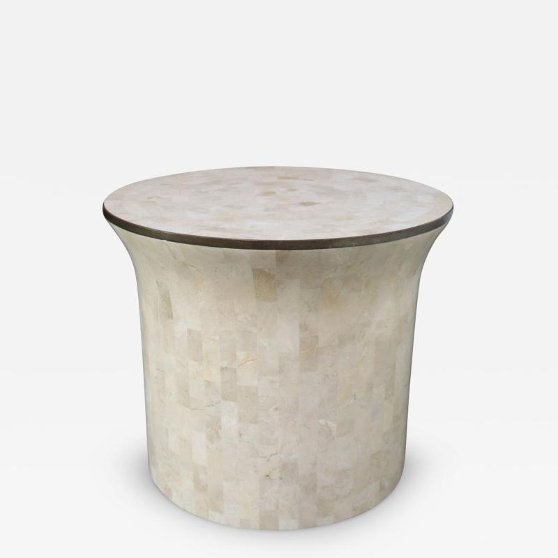 Maitland Smith Vintage Maitland Smith Drum Accent Table in Tessellated Stone with Brass Inlay