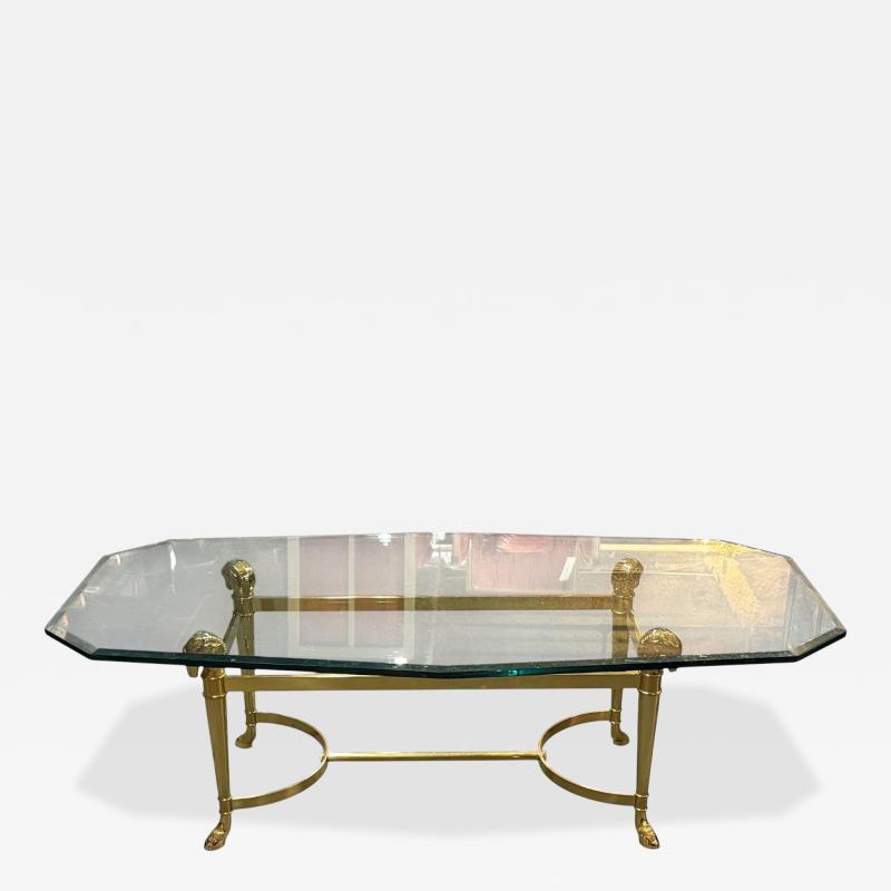 Manner of Jansen Octagon Glass Coffee Table Heavy Brass Ram Head