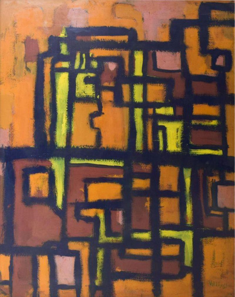 Manolo Valdes Mid Century Abstract Expressionist Cubism Art in Orange Black VALDES 1961 SPAIN