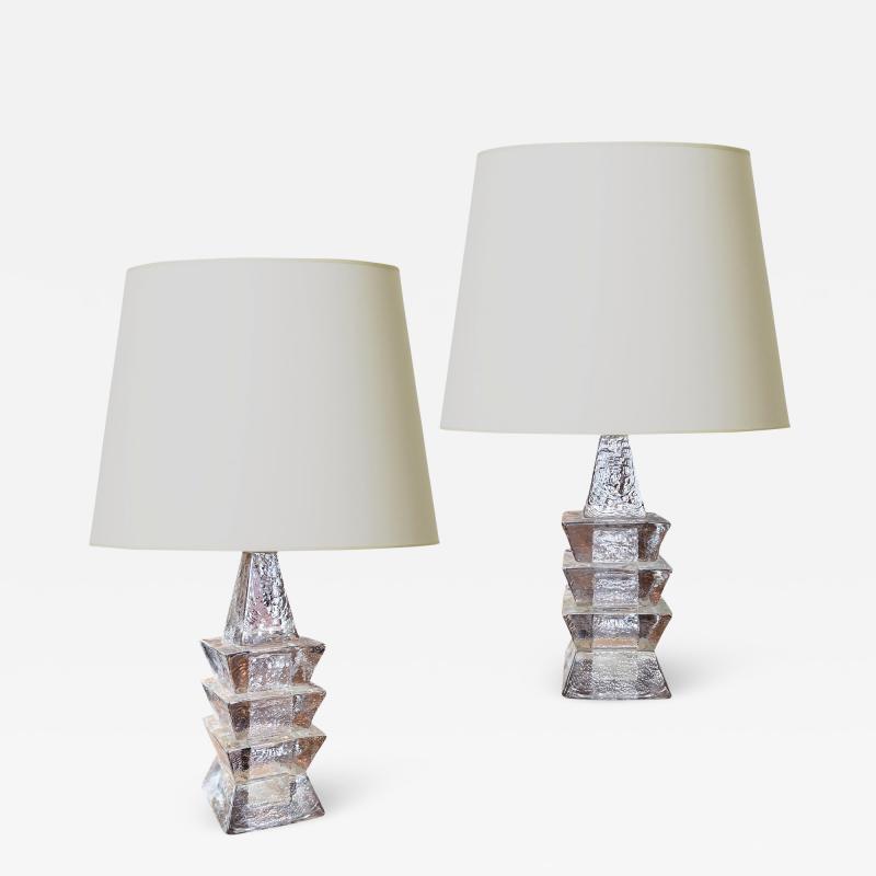 Mantorp Glasbruk Pair of Totemic Textured Crystal Table Lamps by Mantorp Glasbruk