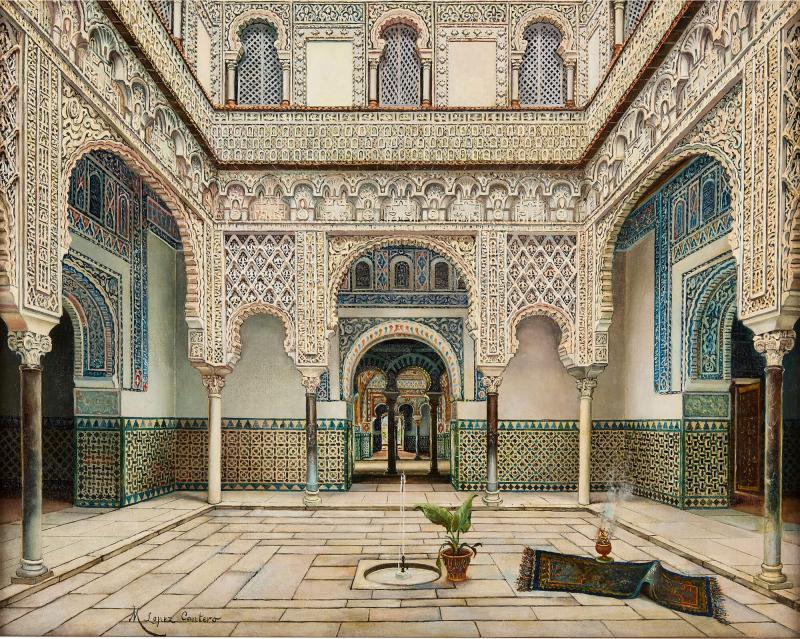 Manuel L pez Cantero Spanish Orientalist oil painting of the Alc zar of Seville by L pez Cantero