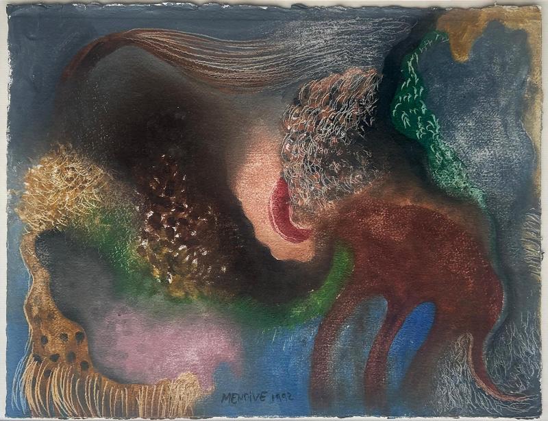 Manuel Mendive Vintage Mixed Media Abstract Painting by Manuel Mendive Signed Dated 92