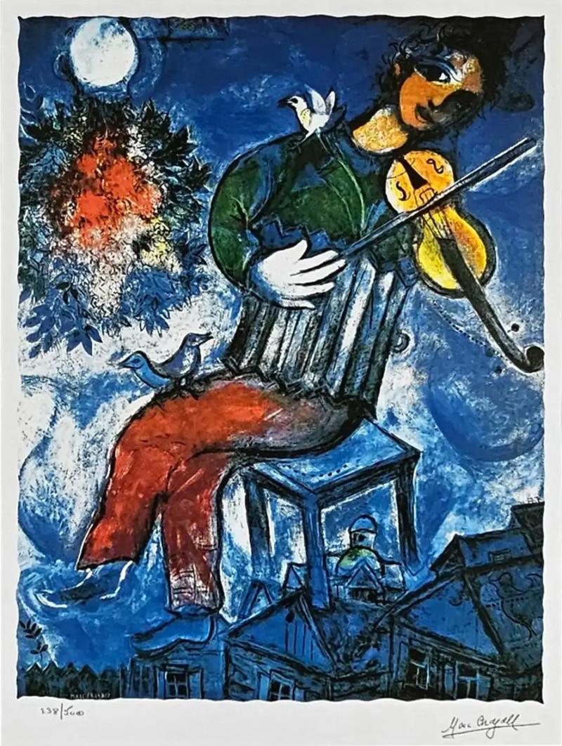 Marc Chagall Marc Chagall Serigraph Blue Violinist Facsimile Signed Numbered and Framed