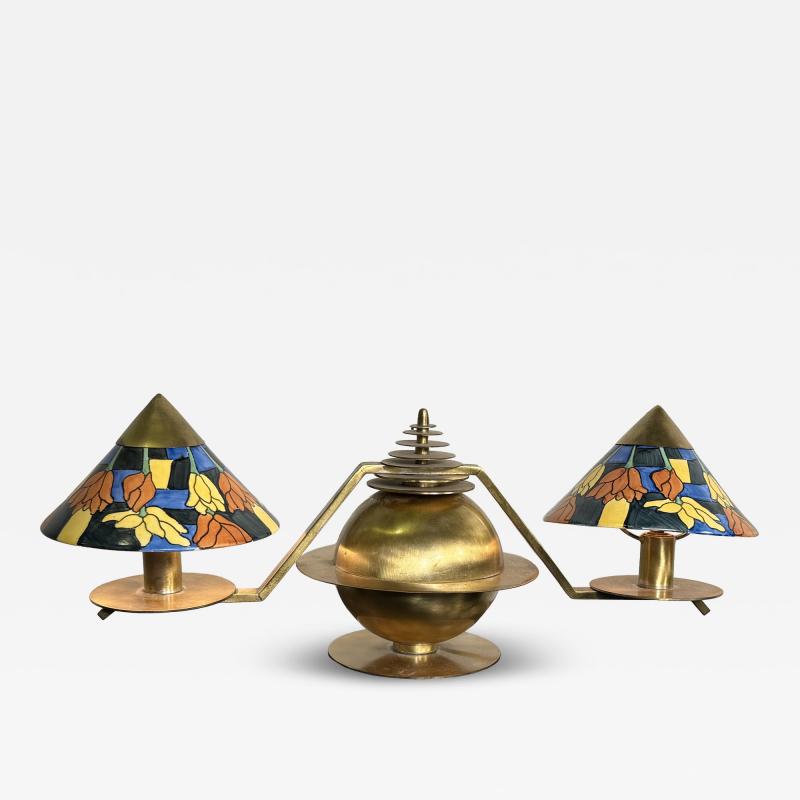 Marc Errol RARE MODERNIST BRASS ART DECO LAMP ENAMELED FLOWER GLASS SHADES BY MARC ERROL