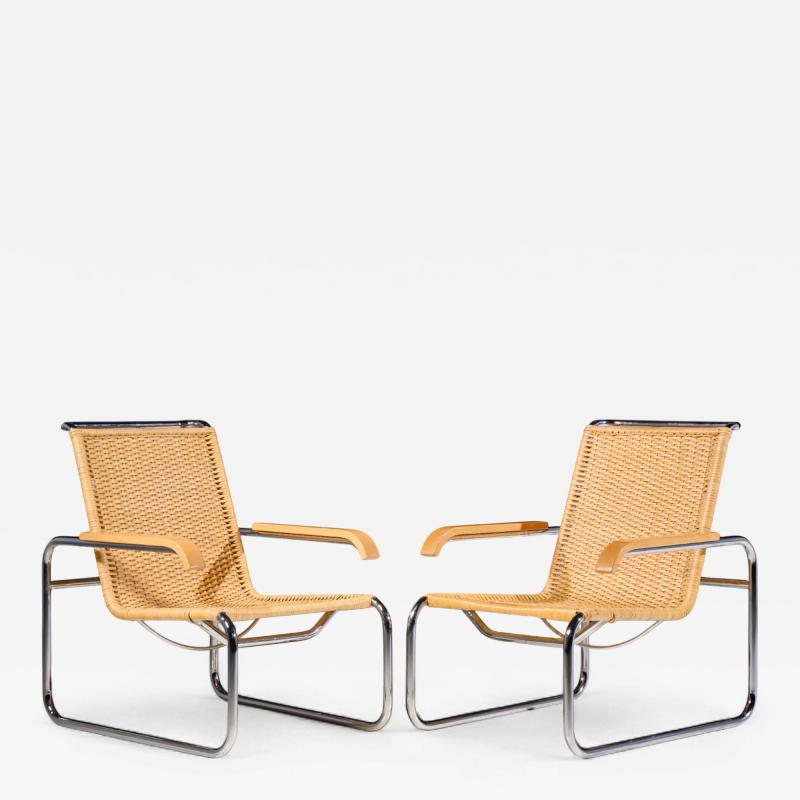 Marcel Breuer Marcel Breuer for Thonet B35 Mid Century Chrome and Rattan Lounge Chairs Pair