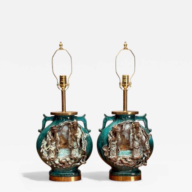 Marcello Fantoni Marcello Fantoni Green Ceramic Chinese Table Lamps Italy 1940s