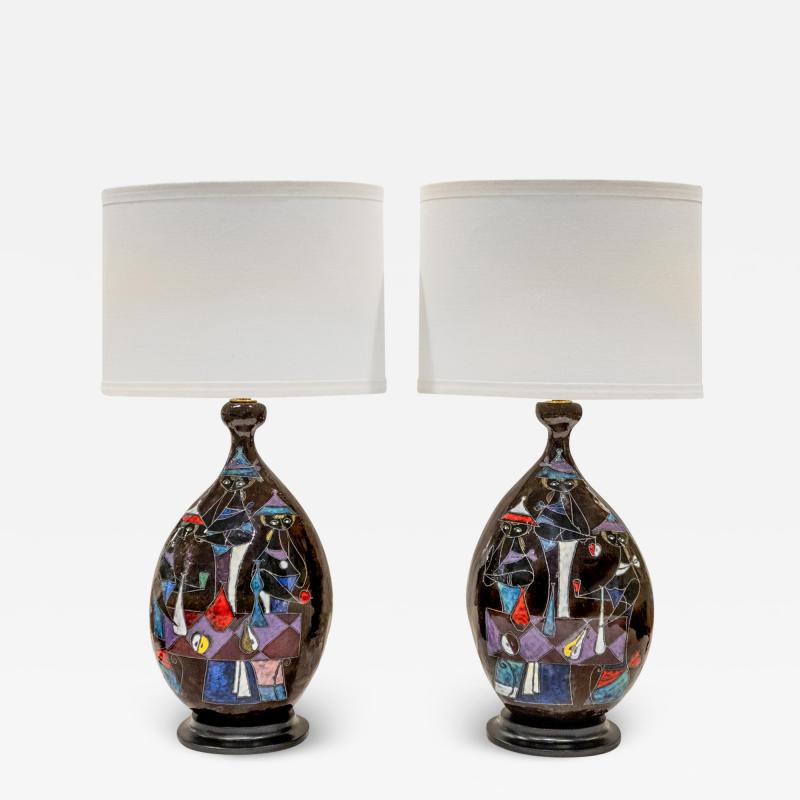 Marcello Fantoni Marcello Fantoni Pair of Ceramic Table Lamps with Figural Motif 1950s Signed 
