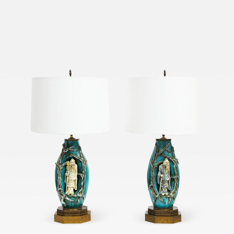 Marcello Fantoni Marcello Fantoni Pair of Superb Ceramic Table Lamps with Chinese Figures 1950s